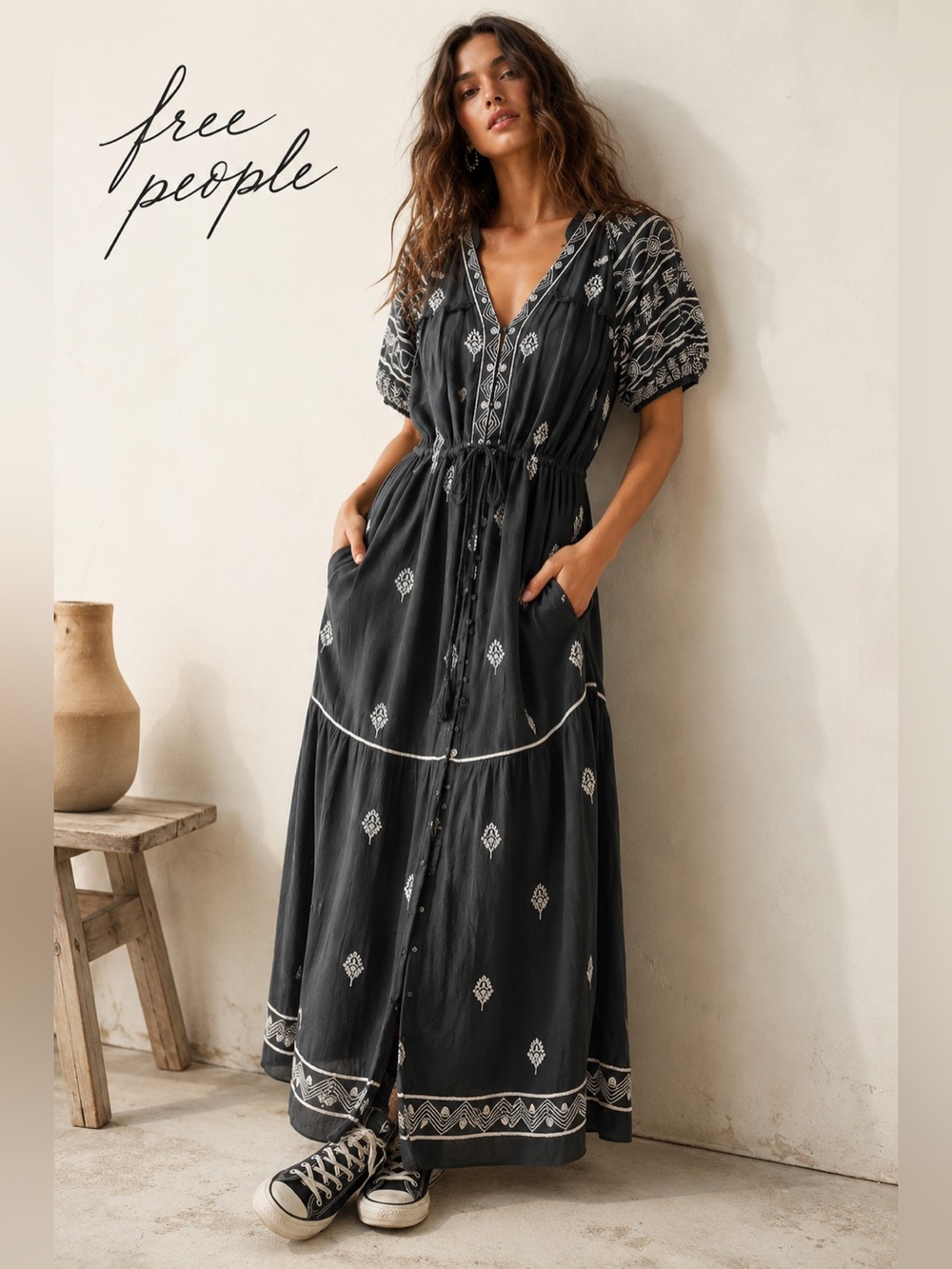 Free People Riley Embroidered Maxi Dress Gray Large western Boho Prairie resort